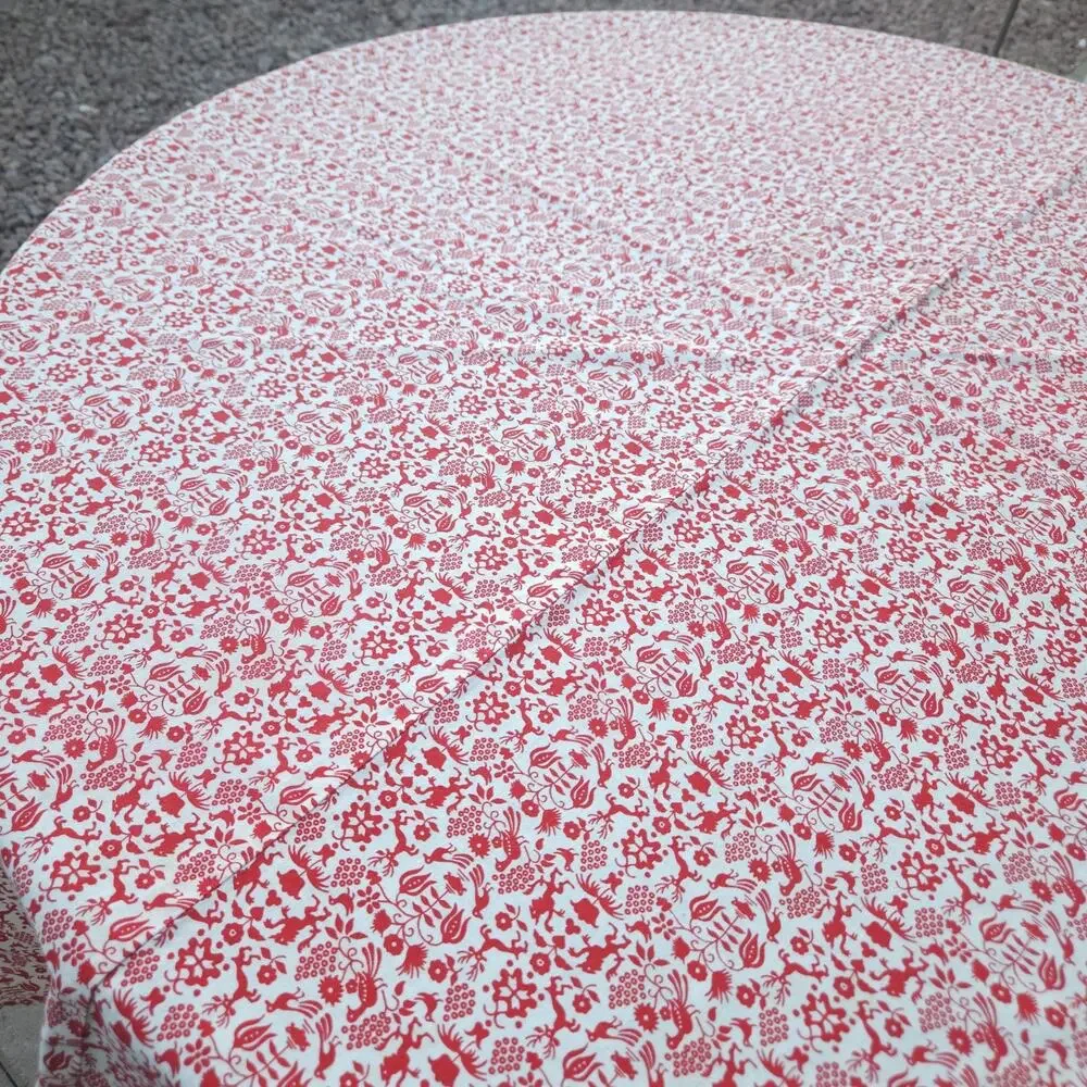 Vtg Round Tablecloth Red Cotton Handmade AOP Folk Art‎ Stag Cottage 4th July 80